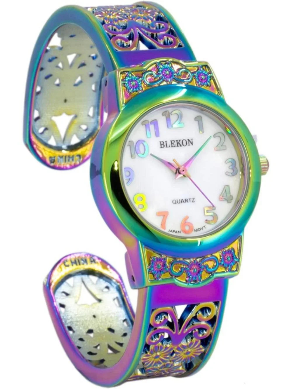 Women's Iridescent Japanese Quart 28mm Case Elegantly Designed Cuff Bangle Watch